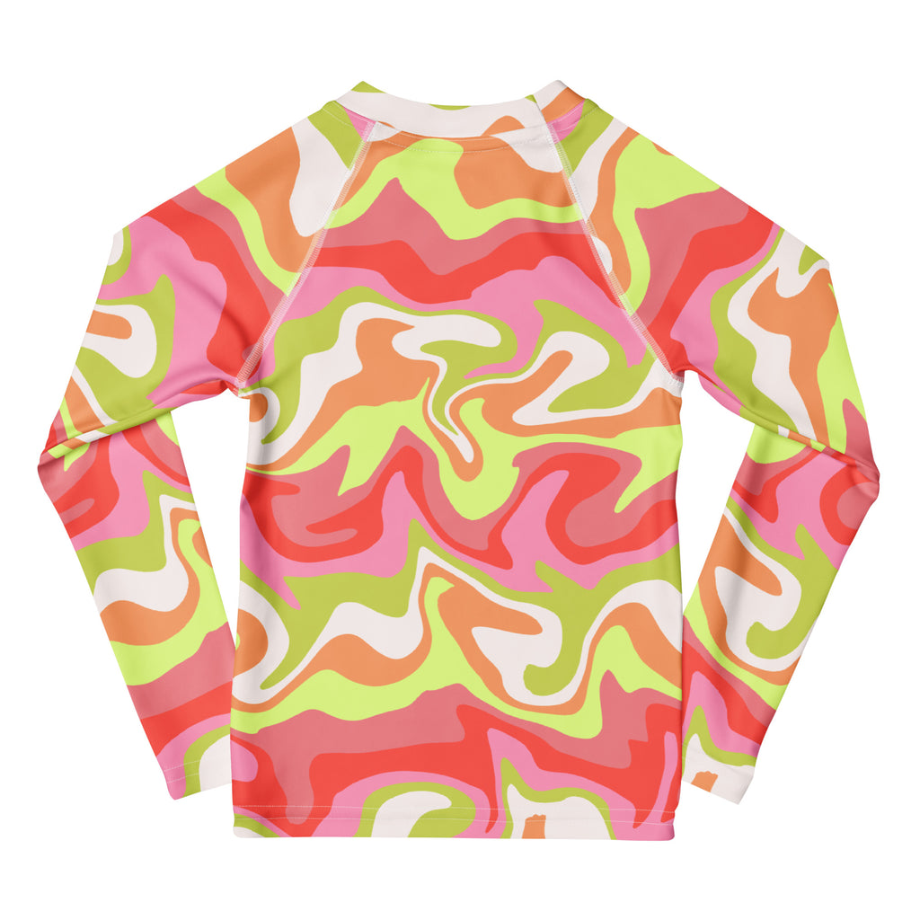 Kids Watercolor Swirl Long Sleeve Rash Guard Swim Shirt – Buttery Soft, Sun Safe UPF 50+ Protection, Quick Dry & 4-Way Stretch Comfort