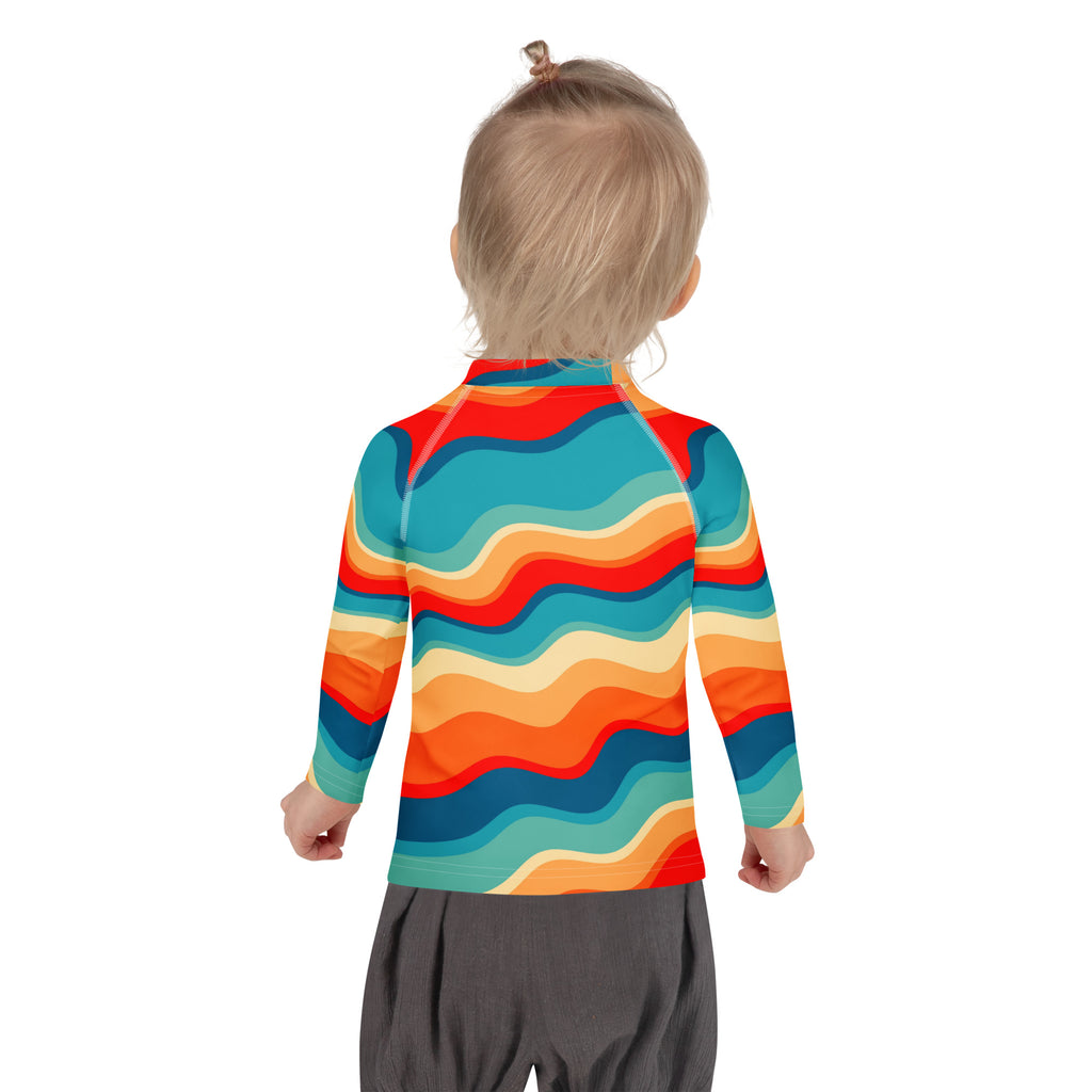 Kids Retro Sunset Waves Long Sleeve Rash Guard Swim Shirt – Buttery Soft, Sun Safe UPF 50+ Protection, Quick Dry & 4-Way Stretch Comfort