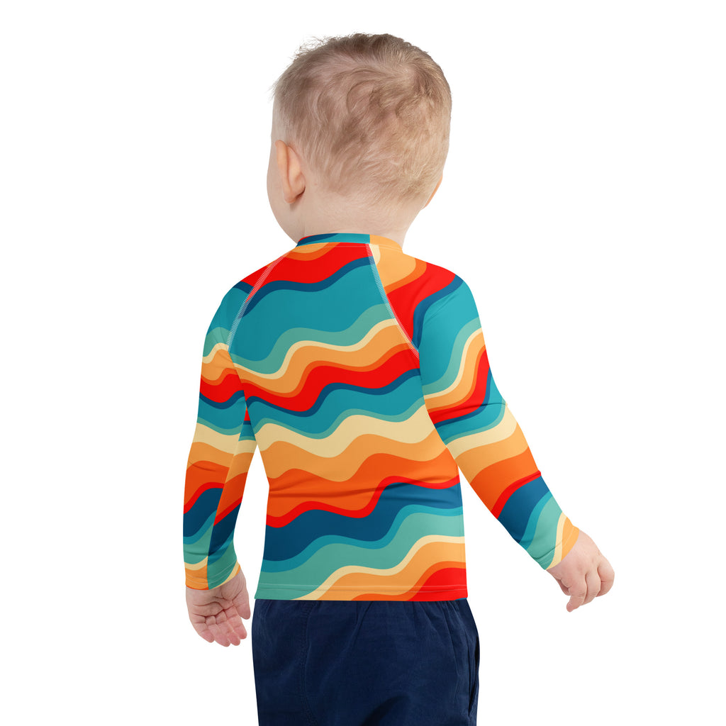 Kids Retro Sunset Waves Long Sleeve Rash Guard Swim Shirt – Buttery Soft, Sun Safe UPF 50+ Protection, Quick Dry & 4-Way Stretch Comfort