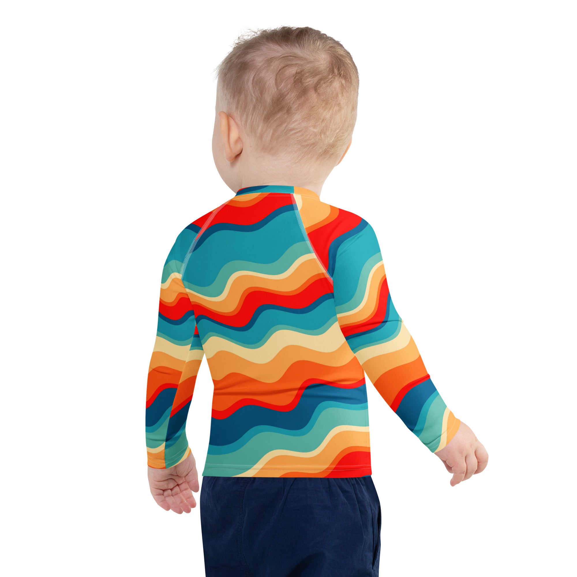 Kids Retro Sunset Waves Long Sleeve Rash Guard Swim Shirt – Buttery Soft, Sun Safe UPF 50+ Protection, Quick Dry & 4-Way Stretch Comfort