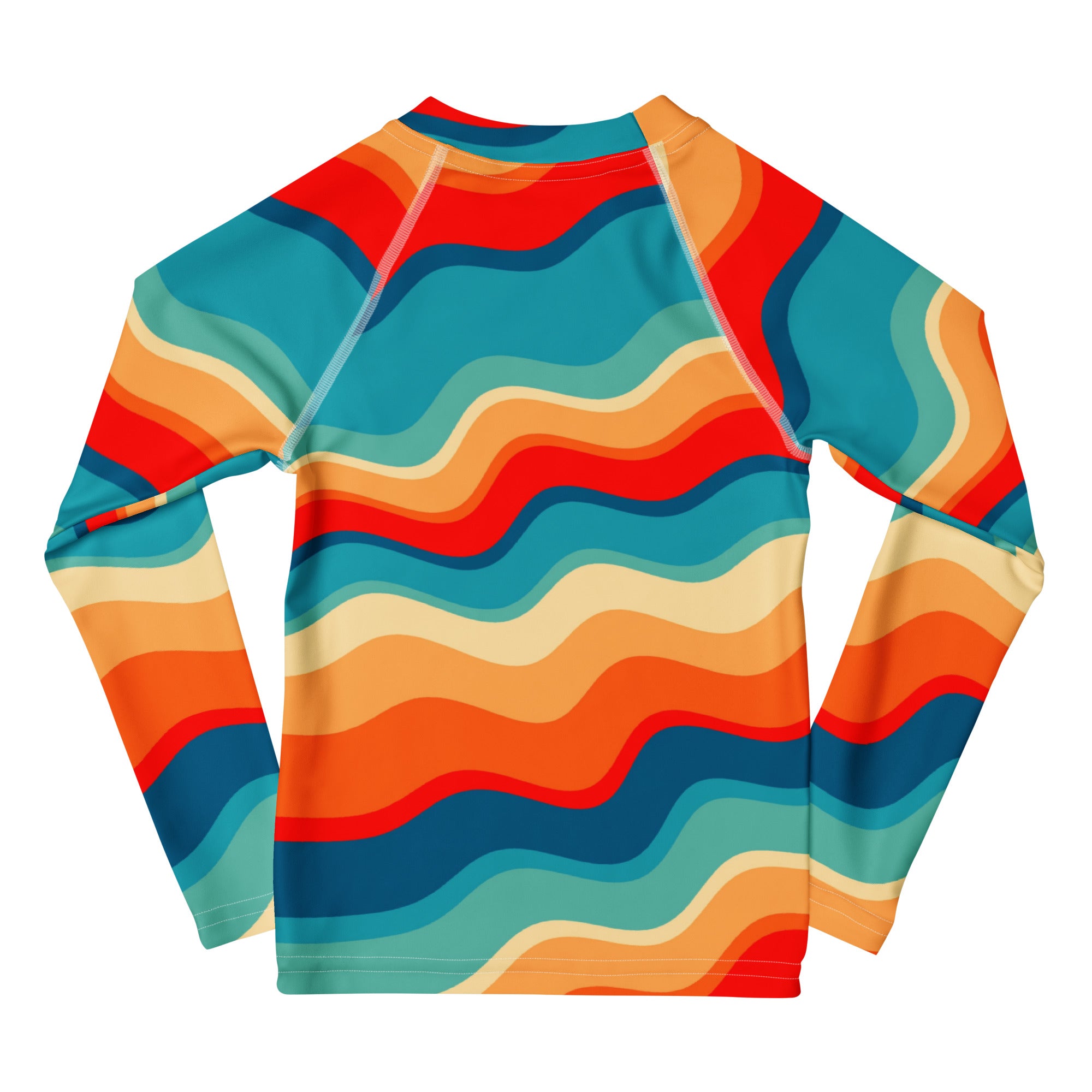 Kids Retro Sunset Waves Long Sleeve Rash Guard Swim Shirt – Buttery Soft, Sun Safe UPF 50+ Protection, Quick Dry & 4-Way Stretch Comfort