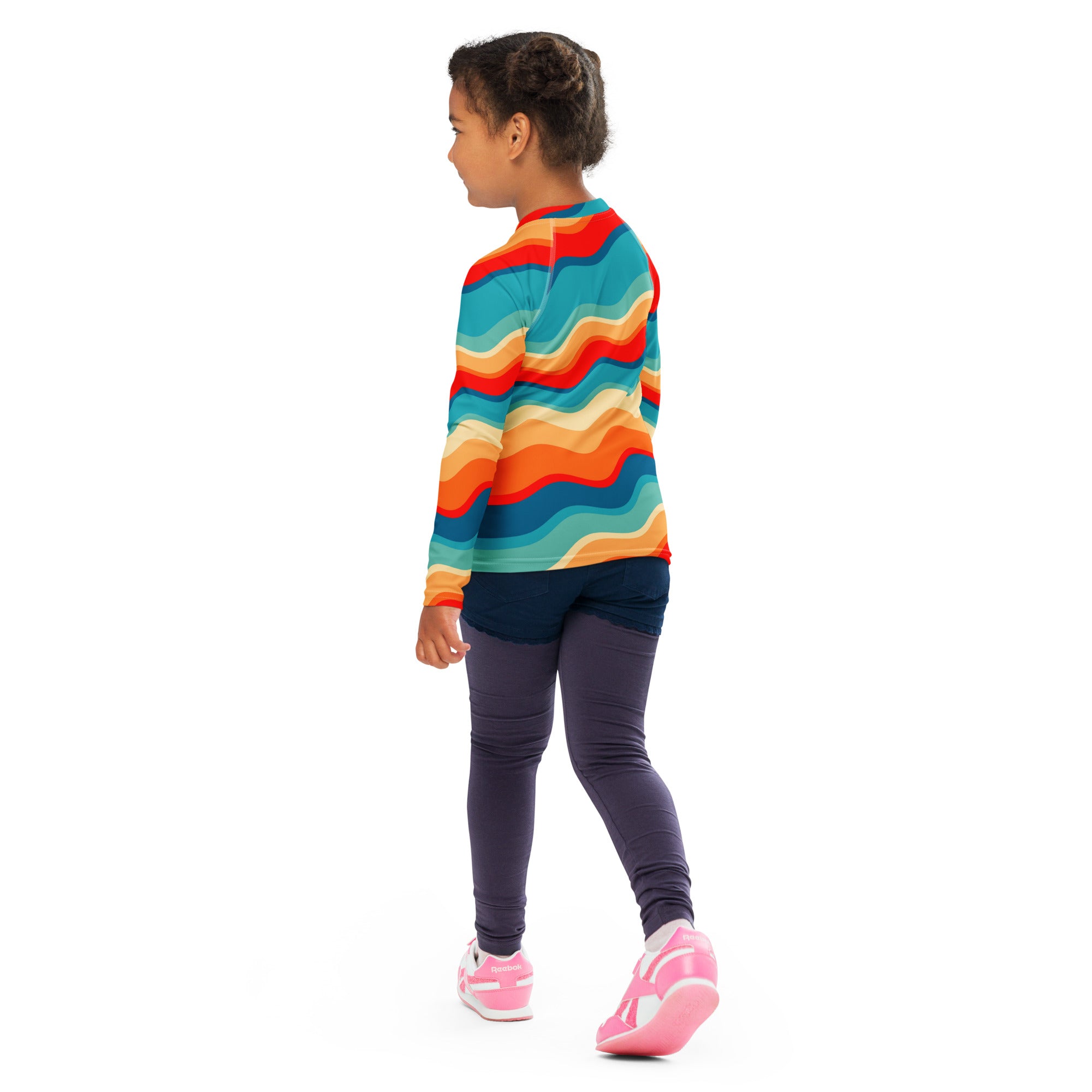 Kids Retro Sunset Waves Long Sleeve Rash Guard Swim Shirt – Buttery Soft, Sun Safe UPF 50+ Protection, Quick Dry & 4-Way Stretch Comfort
