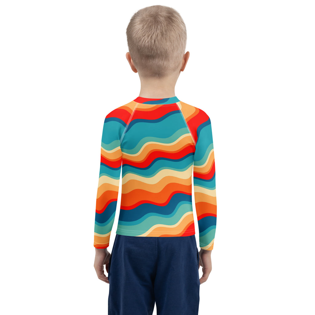 Kids Retro Sunset Waves Long Sleeve Rash Guard Swim Shirt – Buttery Soft, Sun Safe UPF 50+ Protection, Quick Dry & 4-Way Stretch Comfort