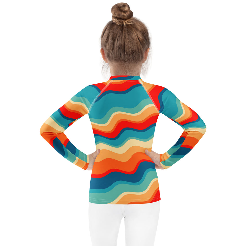Kids Retro Sunset Waves Long Sleeve Rash Guard Swim Shirt – Buttery Soft, Sun Safe UPF 50+ Protection, Quick Dry & 4-Way Stretch Comfort