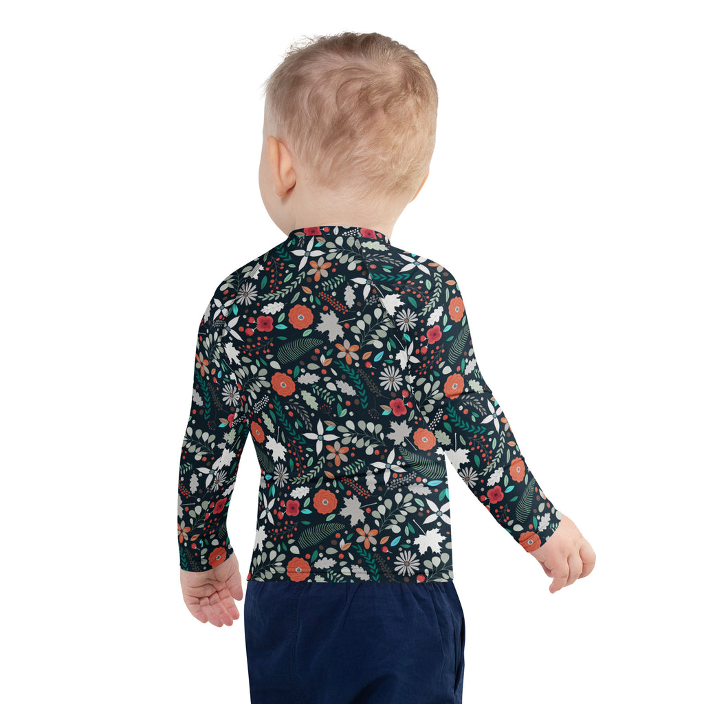 Kids Tropical Midnight Wildflowers Long Sleeve Rash Guard Swim Shirt – Buttery Soft, Sun Safe UPF 50+ Protection, Quick Dry & 4-Way Stretch Comfort