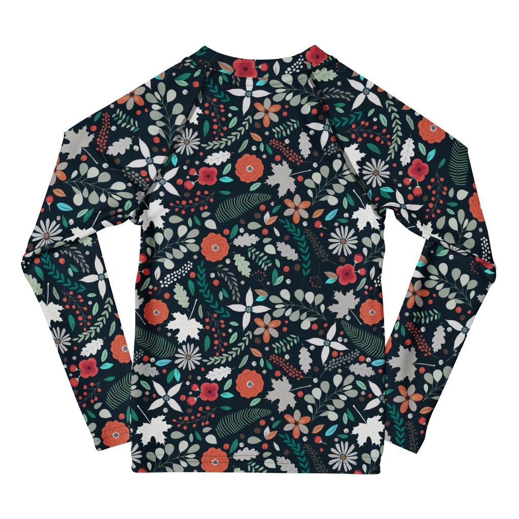 Kids Tropical Midnight Wildflowers Long Sleeve Rash Guard Swim Shirt – Buttery Soft, Sun Safe UPF 50+ Protection, Quick Dry & 4-Way Stretch Comfort