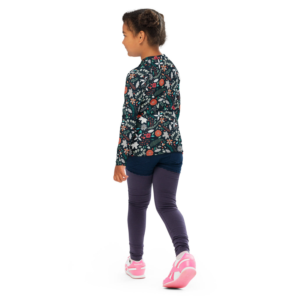 Kids Tropical Midnight Wildflowers Long Sleeve Rash Guard Swim Shirt – Buttery Soft, Sun Safe UPF 50+ Protection, Quick Dry & 4-Way Stretch Comfort