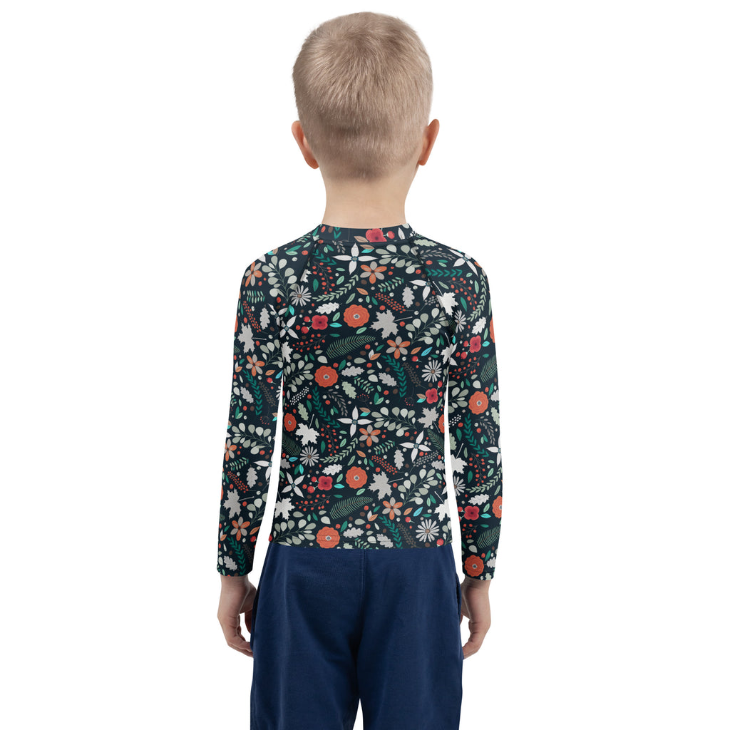 Kids Tropical Midnight Wildflowers Long Sleeve Rash Guard Swim Shirt – Buttery Soft, Sun Safe UPF 50+ Protection, Quick Dry & 4-Way Stretch Comfort