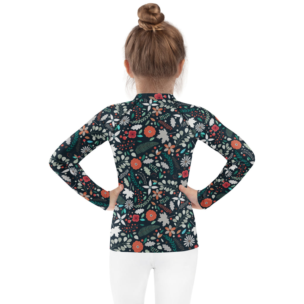 Kids Tropical Midnight Wildflowers Long Sleeve Rash Guard Swim Shirt – Buttery Soft, Sun Safe UPF 50+ Protection, Quick Dry & 4-Way Stretch Comfort