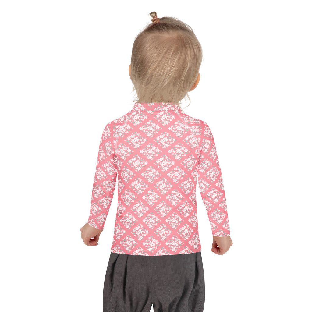 Girls Pink Blossom Squares Long Sleeve Rash Guard Swim Shirt – Buttery Soft, Sun Safe UPF 50+ Protection, Quick Dry & 4-Way Stretch Comfort