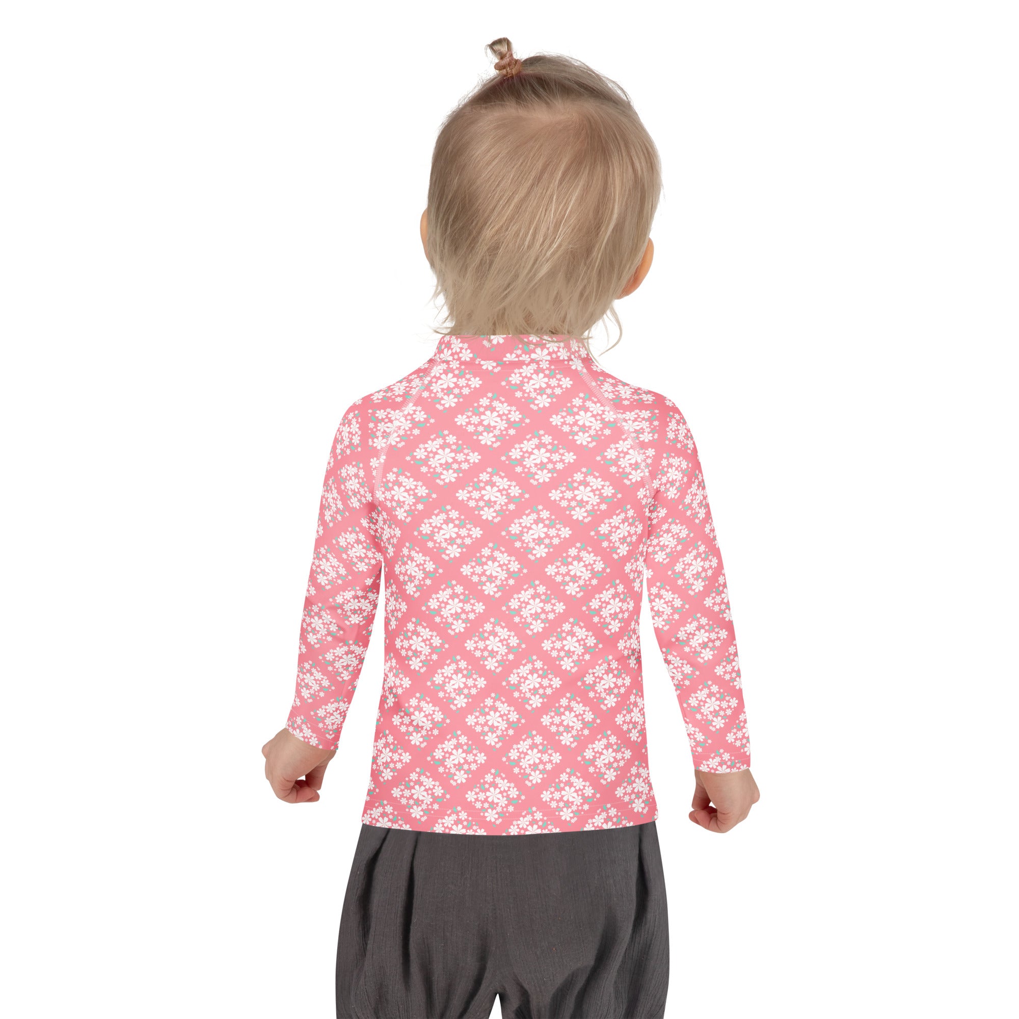 Girls Pink Blossom Squares Long Sleeve Rash Guard Swim Shirt – Buttery Soft, Sun Safe UPF 50+ Protection, Quick Dry & 4-Way Stretch Comfort