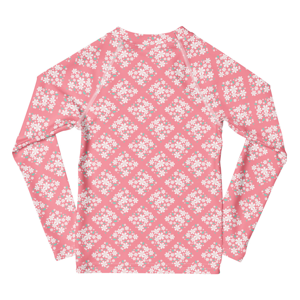 Girls Pink Blossom Squares Long Sleeve Rash Guard Swim Shirt – Buttery Soft, Sun Safe UPF 50+ Protection, Quick Dry & 4-Way Stretch Comfort