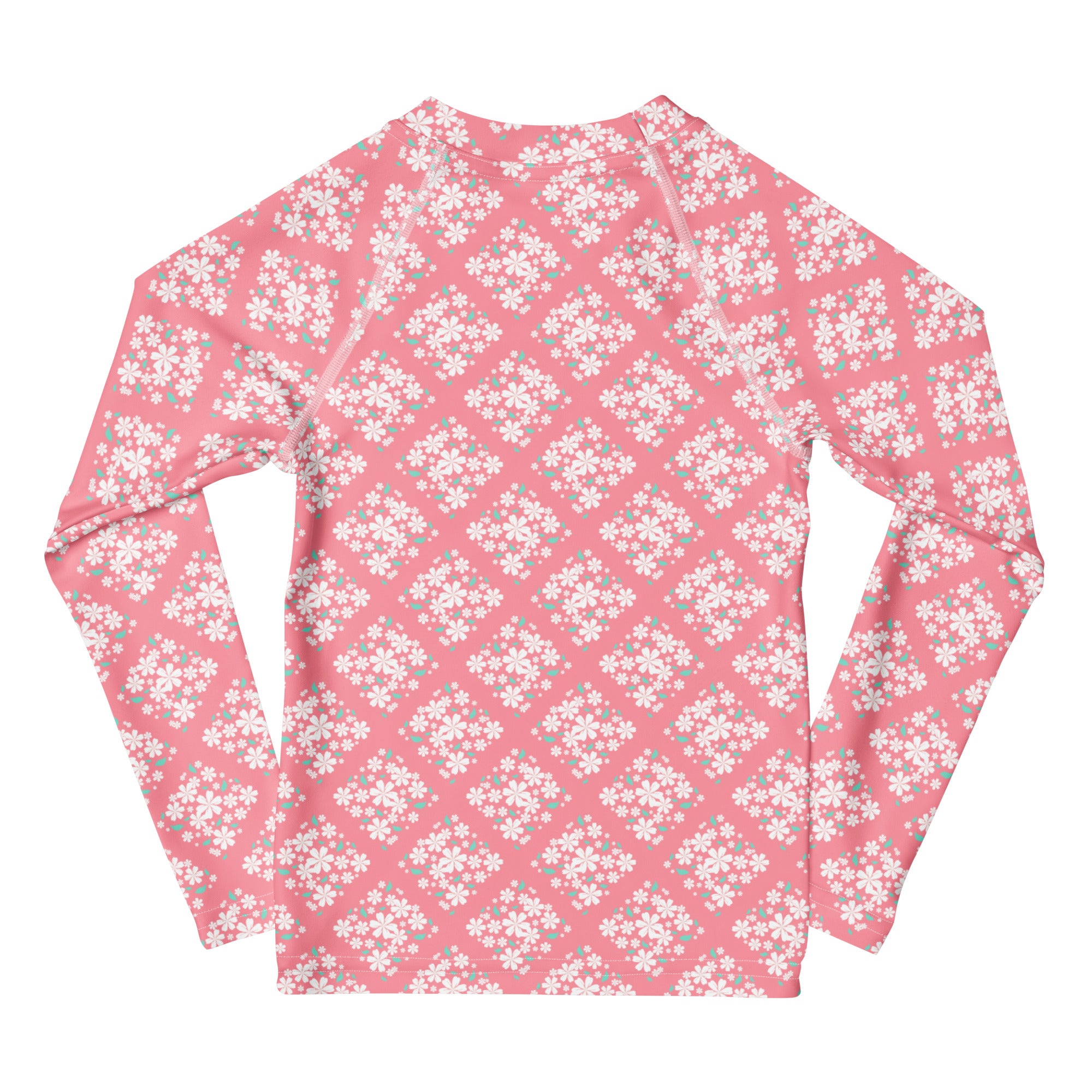 Girls Pink Blossom Squares Long Sleeve Rash Guard Swim Shirt – Buttery Soft, Sun Safe UPF 50+ Protection, Quick Dry & 4-Way Stretch Comfort
