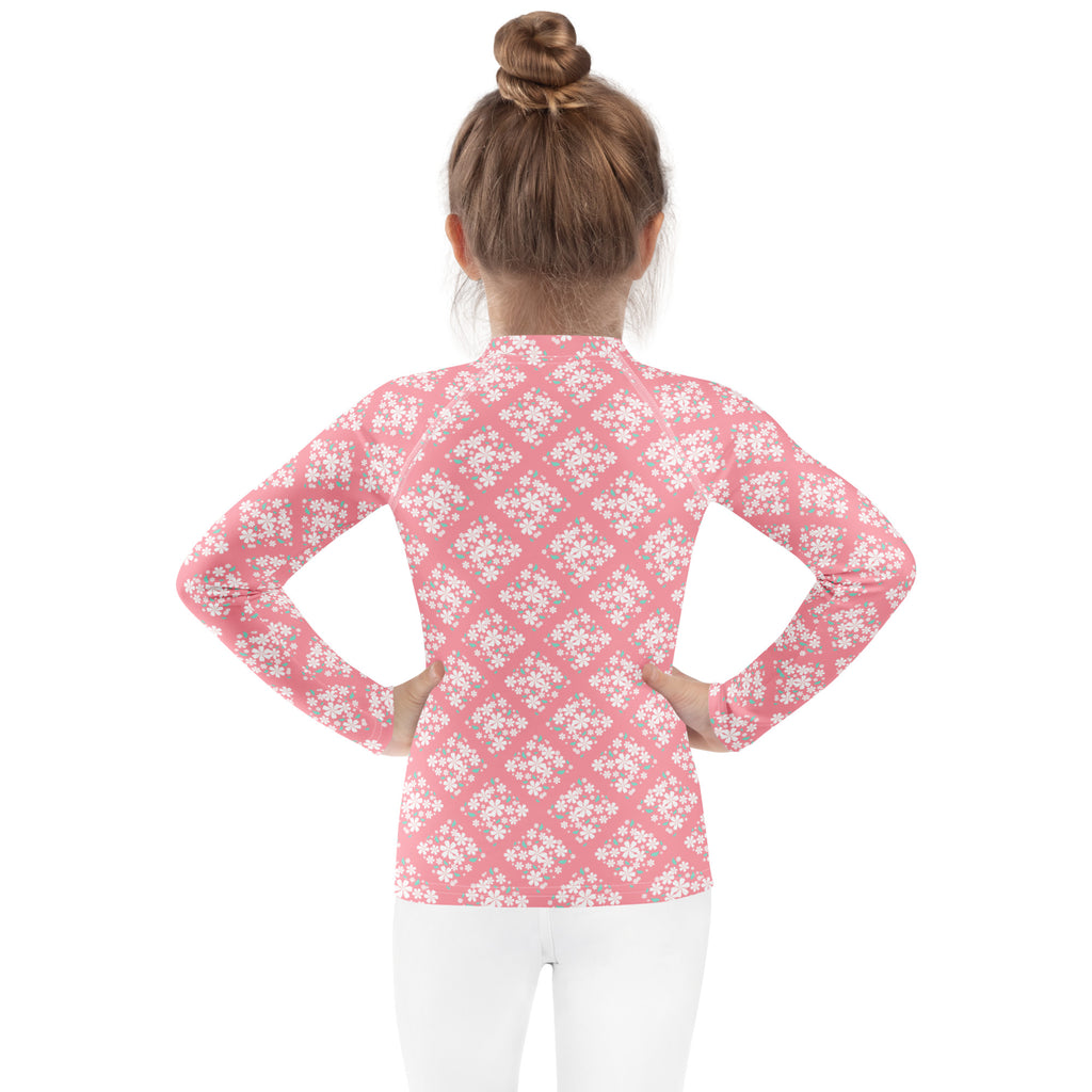 Girls Pink Blossom Squares Long Sleeve Rash Guard Swim Shirt – Buttery Soft, Sun Safe UPF 50+ Protection, Quick Dry & 4-Way Stretch Comfort