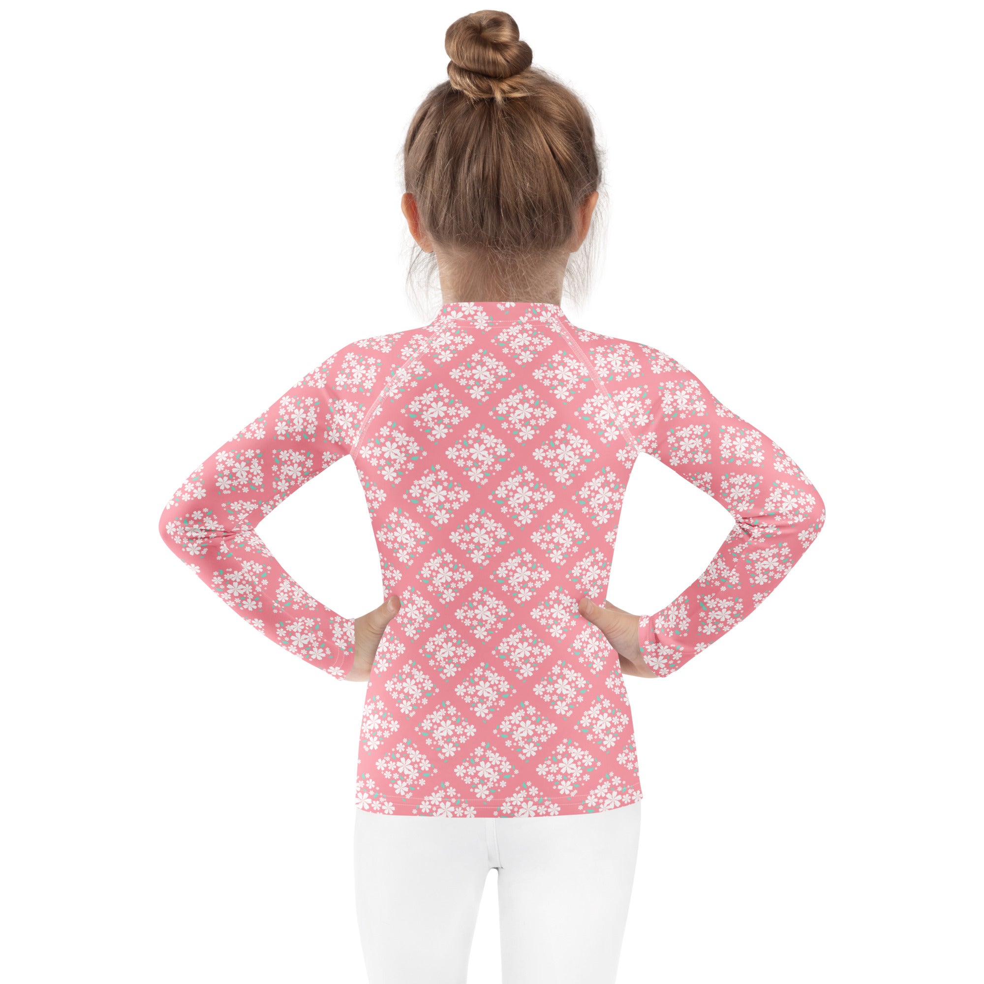 Girls Pink Blossom Squares Long Sleeve Rash Guard Swim Shirt – Buttery Soft, Sun Safe UPF 50+ Protection, Quick Dry & 4-Way Stretch Comfort