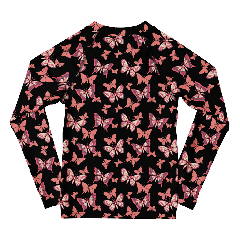 Girls Pink Butterfly Long Sleeve Rash Guard Swim Shirt – Buttery Soft, Sun Safe UPF 50+ Protection, Quick Dry & 4-Way Stretch Comfort
