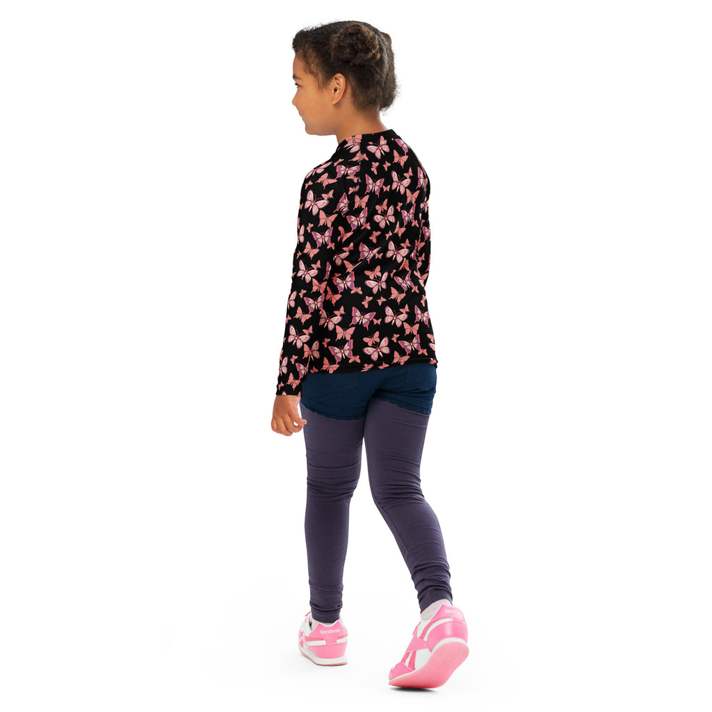 Girls Pink Butterfly Long Sleeve Rash Guard Swim Shirt – Buttery Soft, Sun Safe UPF 50+ Protection, Quick Dry & 4-Way Stretch Comfort