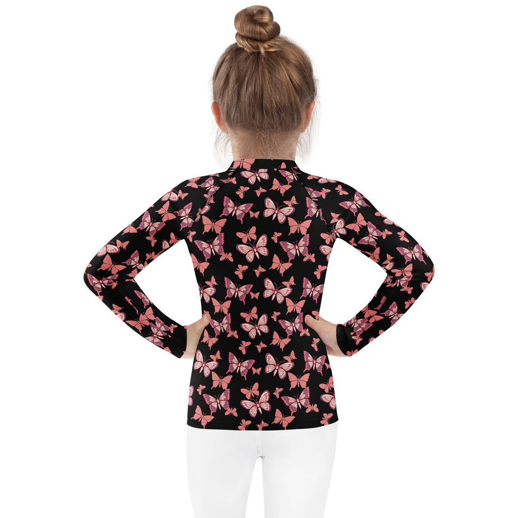 Girls Pink Butterfly Long Sleeve Rash Guard Swim Shirt – Buttery Soft, Sun Safe UPF 50+ Protection, Quick Dry & 4-Way Stretch Comfort