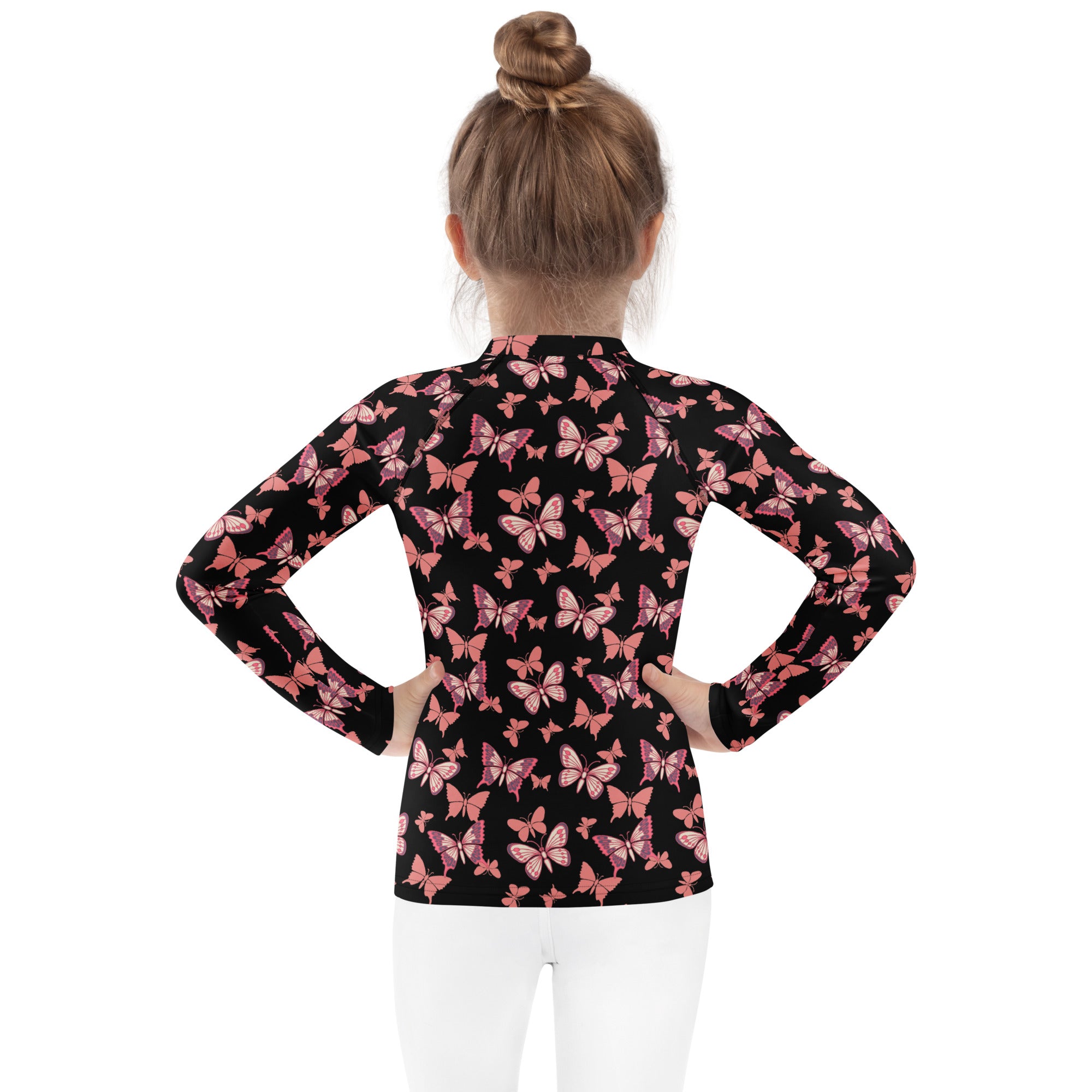 Girls Pink Butterfly Long Sleeve Rash Guard Swim Shirt – Buttery Soft, Sun Safe UPF 50+ Protection, Quick Dry & 4-Way Stretch Comfort