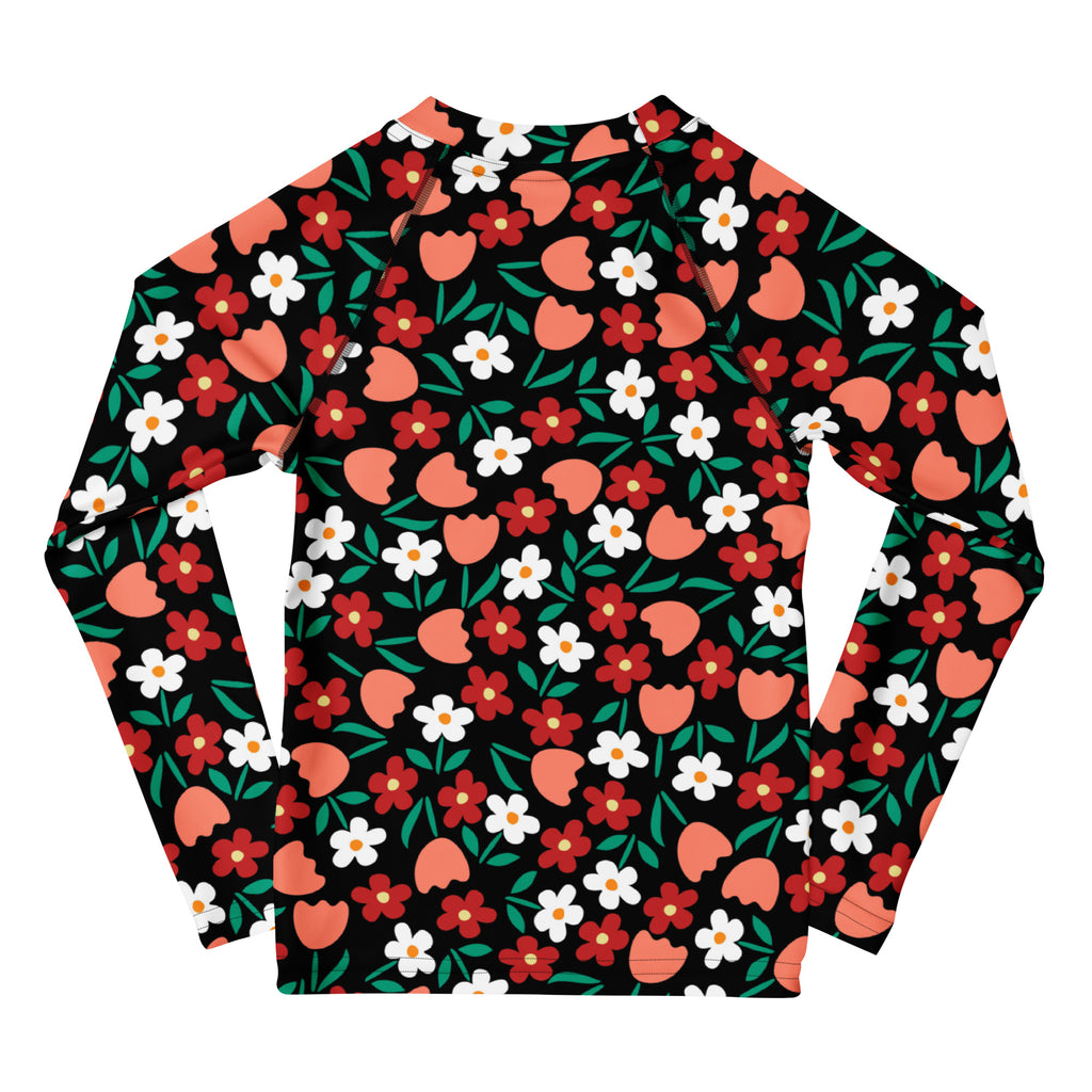 Kids Retro Floral Long Sleeve Rash Guard Swim Shirt – Buttery Soft, Sun Safe UPF 50+ Protection, Quick Dry & 4-Way Stretch Comfort