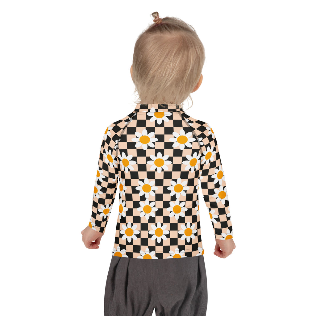 Girls Daisy Checkerboard Long Sleeve Rash Guard Swim Shirt – Buttery Soft, Sun Safe UPF 50+ Protection, Quick Dry & 4-Way Stretch Comfort