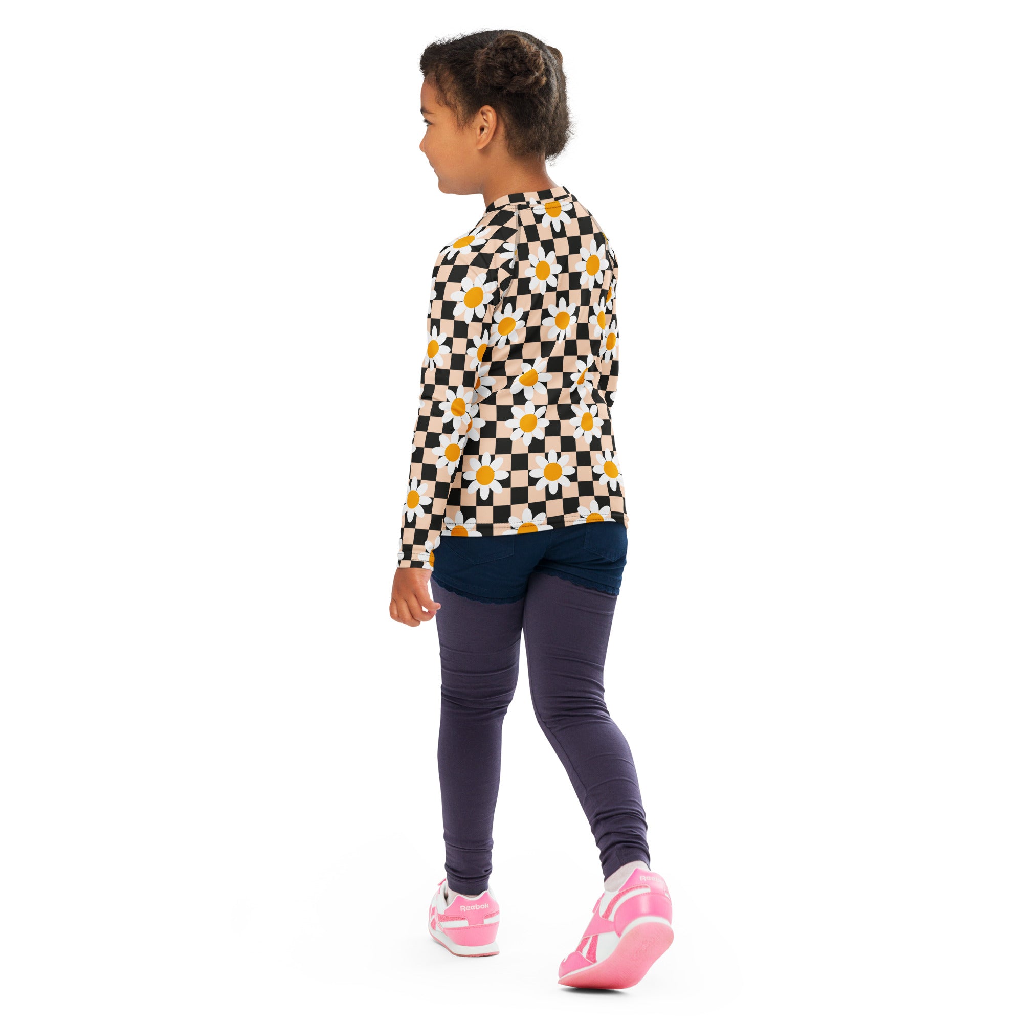 Girls Daisy Checkerboard Long Sleeve Rash Guard Swim Shirt – Buttery Soft, Sun Safe UPF 50+ Protection, Quick Dry & 4-Way Stretch Comfort