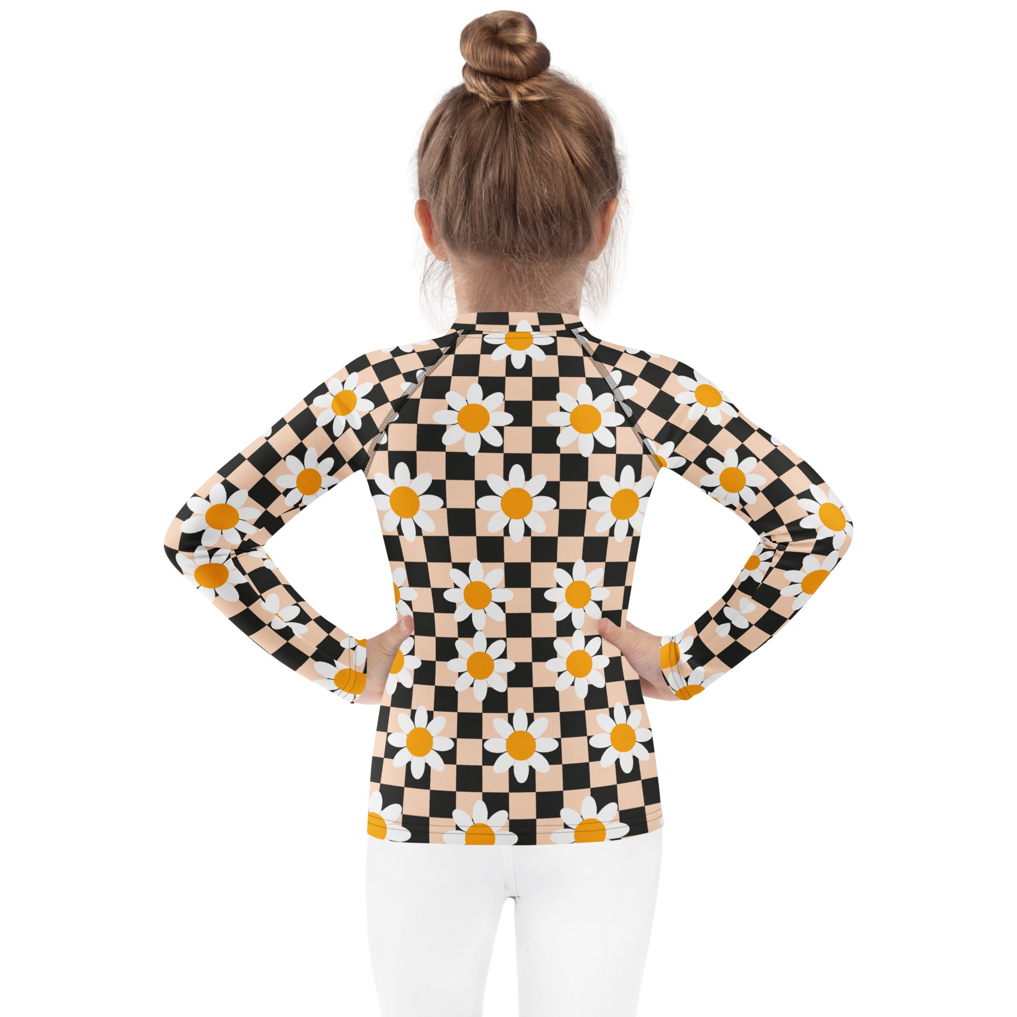 Girls Daisy Checkerboard Long Sleeve Rash Guard Swim Shirt – Buttery Soft, Sun Safe UPF 50+ Protection, Quick Dry & 4-Way Stretch Comfort