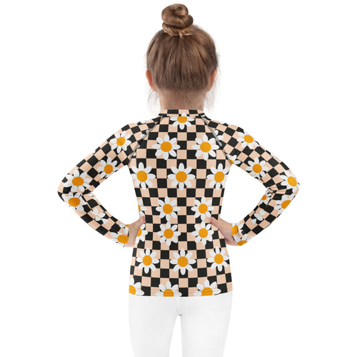 Girls Daisy Checkerboard Long Sleeve Rash Guard Swim Shirt – Buttery Soft, Sun Safe UPF 50+ Protection, Quick Dry & 4-Way Stretch Comfort