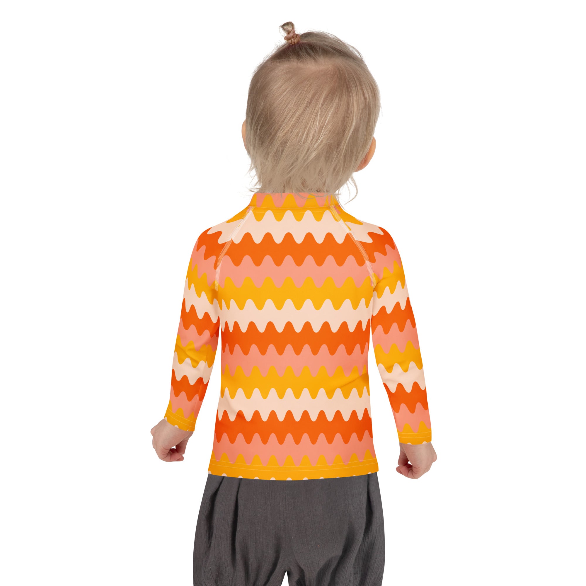 Kids Retro Sunset Waves Long Sleeve Rash Guard Swim Shirt – Buttery Soft, Sun Safe UPF 50+ Protection, Quick Dry & 4-Way Stretch Comfort