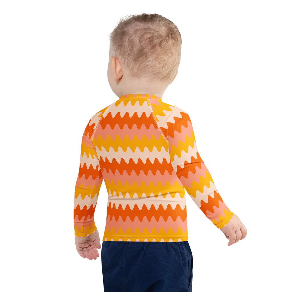 Kids Retro Sunset Waves Long Sleeve Rash Guard Swim Shirt – Buttery Soft, Sun Safe UPF 50+ Protection, Quick Dry & 4-Way Stretch Comfort