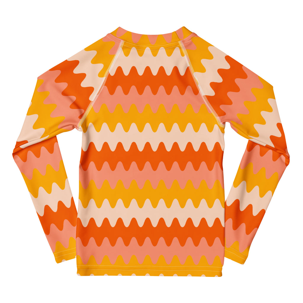 Kids Retro Sunset Waves Long Sleeve Rash Guard Swim Shirt – Buttery Soft, Sun Safe UPF 50+ Protection, Quick Dry & 4-Way Stretch Comfort
