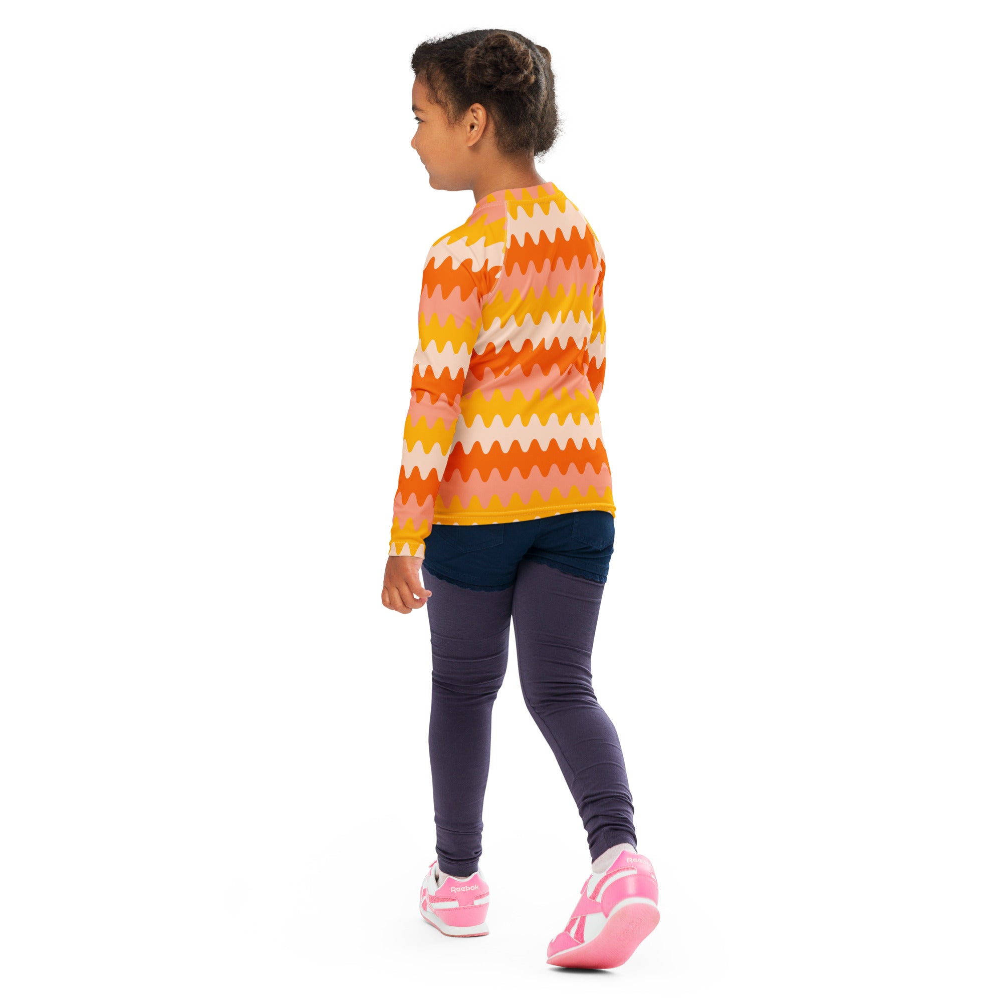 Kids Retro Sunset Waves Long Sleeve Rash Guard Swim Shirt – Buttery Soft, Sun Safe UPF 50+ Protection, Quick Dry & 4-Way Stretch Comfort