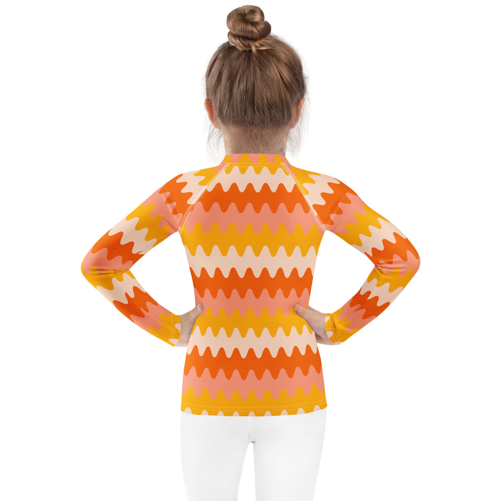 Kids Retro Sunset Waves Long Sleeve Rash Guard Swim Shirt – Buttery Soft, Sun Safe UPF 50+ Protection, Quick Dry & 4-Way Stretch Comfort
