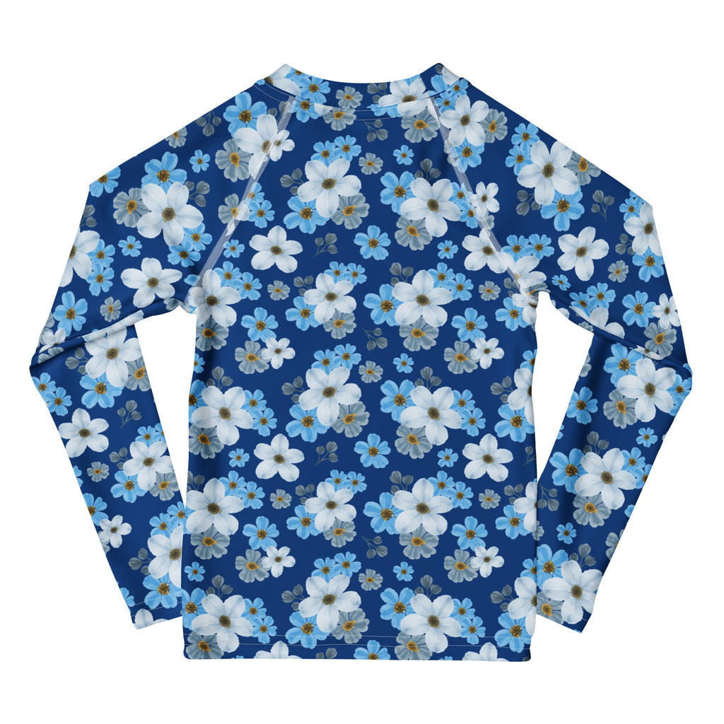Kids Blue Wildflower Garden Long Sleeve Rash Guard Swim Shirt – Buttery Soft, Sun Safe UPF 50+ Protection, Quick Dry & 4-Way Stretch Comfort