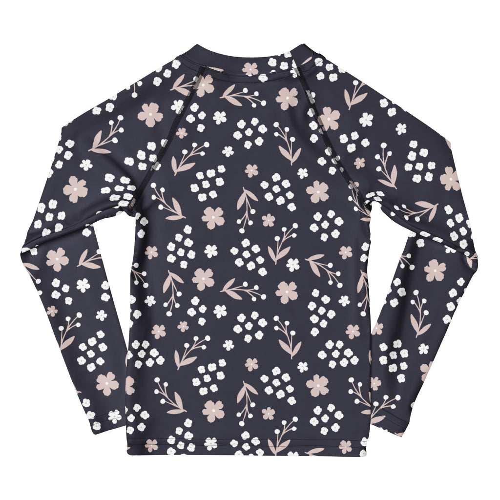 Kids Midnight Wildflower Long Sleeve Rash Guard Swim Shirt – Buttery Soft, Sun Safe UPF 50+ Protection, Quick Dry & 4-Way Stretch Comfort