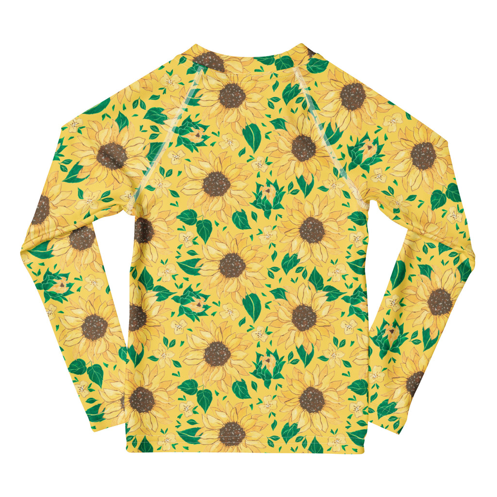 Kids Golden Sunflower Long Sleeve Rash Guard Swim Shirt – Buttery Soft, Sun Safe UPF 50+ Protection, Quick Dry & 4-Way Stretch Comfort