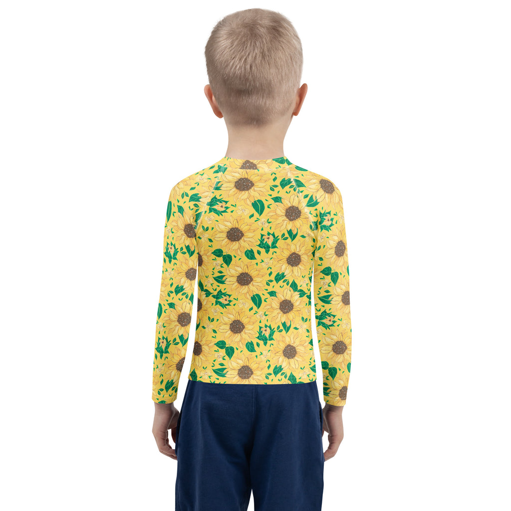 Kids Golden Sunflower Long Sleeve Rash Guard Swim Shirt – Buttery Soft, Sun Safe UPF 50+ Protection, Quick Dry & 4-Way Stretch Comfort