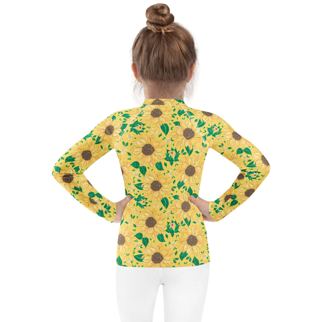 Kids Golden Sunflower Long Sleeve Rash Guard Swim Shirt – Buttery Soft, Sun Safe UPF 50+ Protection, Quick Dry & 4-Way Stretch Comfort