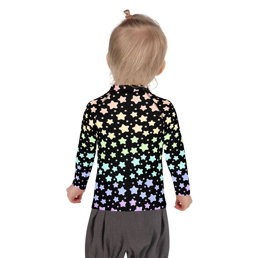 Kids Pastel Rainbow Stars Long Sleeve Rash Guard Swim Shirt – Buttery Soft, Sun Safe UPF 50+ Protection, Quick Dry & 4-Way Stretch Comfort