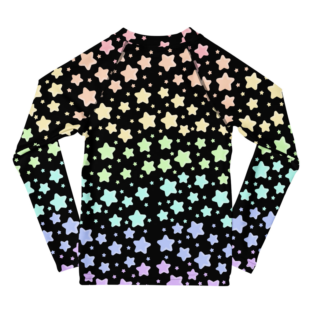 Kids Pastel Rainbow Stars Long Sleeve Rash Guard Swim Shirt – Buttery Soft, Sun Safe UPF 50+ Protection, Quick Dry & 4-Way Stretch Comfort