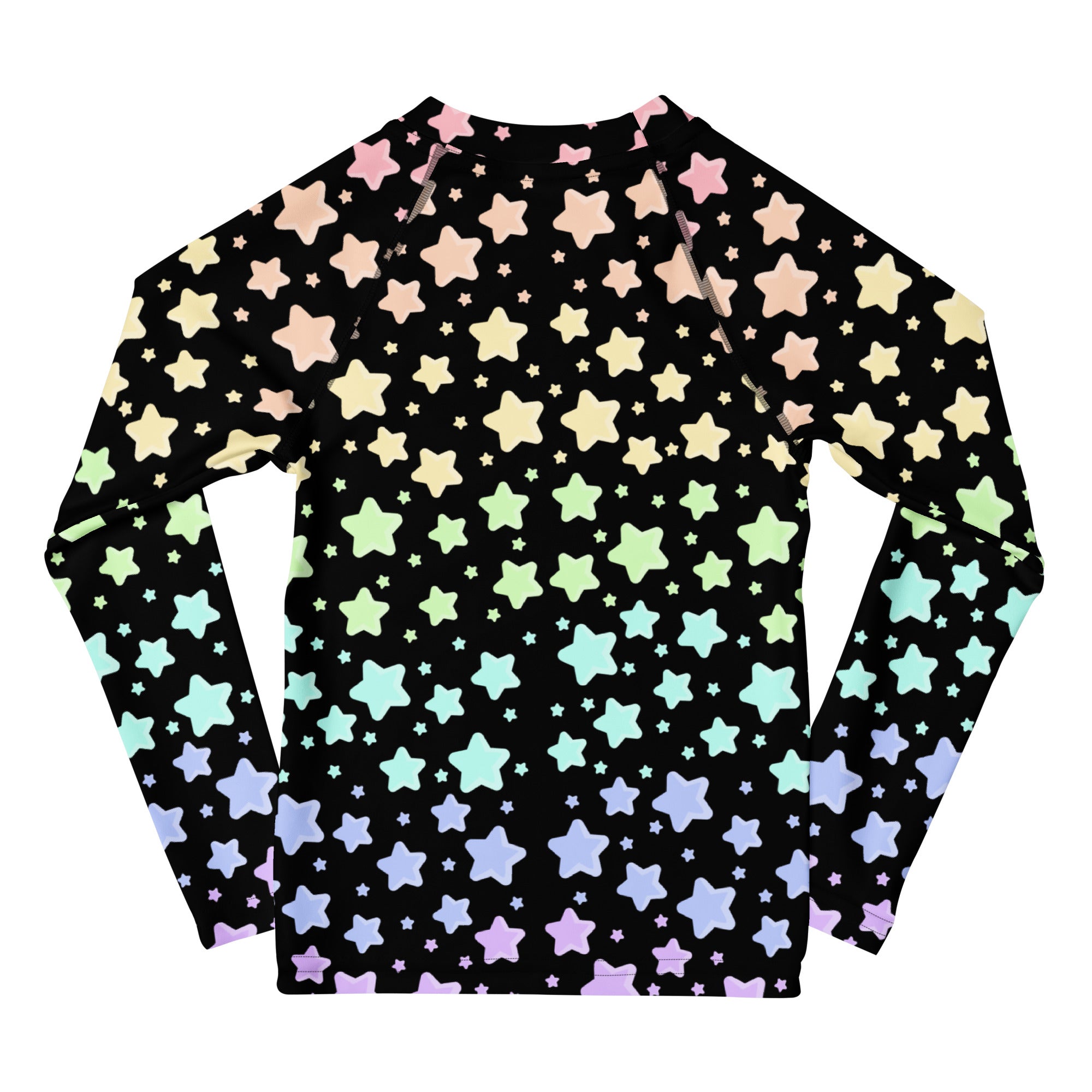 Kids Pastel Rainbow Stars Long Sleeve Rash Guard Swim Shirt – Buttery Soft, Sun Safe UPF 50+ Protection, Quick Dry & 4-Way Stretch Comfort