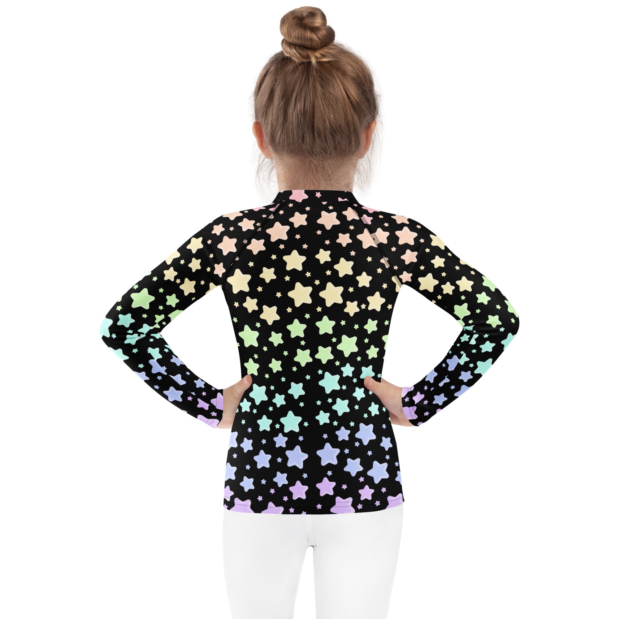 Kids Pastel Rainbow Stars Long Sleeve Rash Guard Swim Shirt – Buttery Soft, Sun Safe UPF 50+ Protection, Quick Dry & 4-Way Stretch Comfort