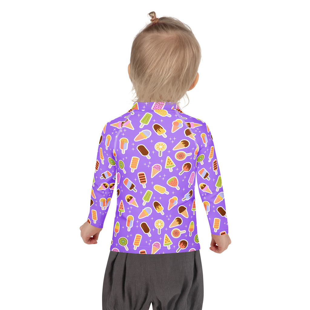 Kids Purple Ice Cream & Popsicle Long Sleeve Rash Guard Swim Shirt – Buttery Soft, Sun Safe UPF 50+ Protection, Quick Dry & 4-Way Stretch Comfort