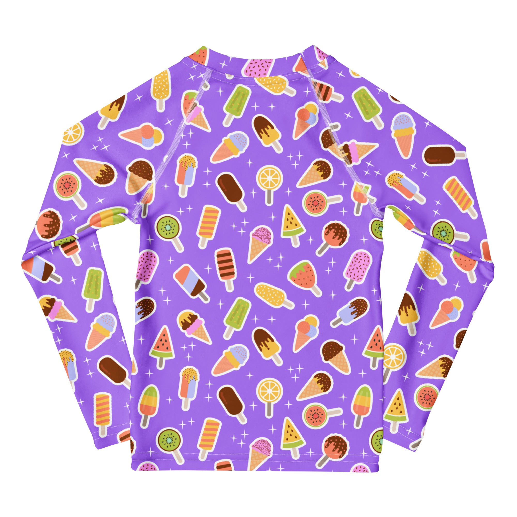Kids Purple Ice Cream & Popsicle Long Sleeve Rash Guard Swim Shirt – Buttery Soft, Sun Safe UPF 50+ Protection, Quick Dry & 4-Way Stretch Comfort