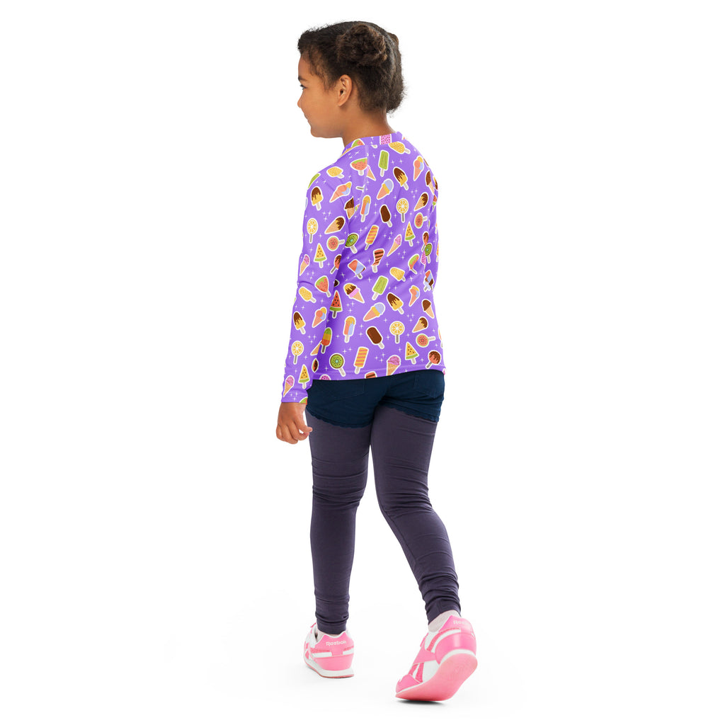 Kids Purple Ice Cream & Popsicle Long Sleeve Rash Guard Swim Shirt – Buttery Soft, Sun Safe UPF 50+ Protection, Quick Dry & 4-Way Stretch Comfort