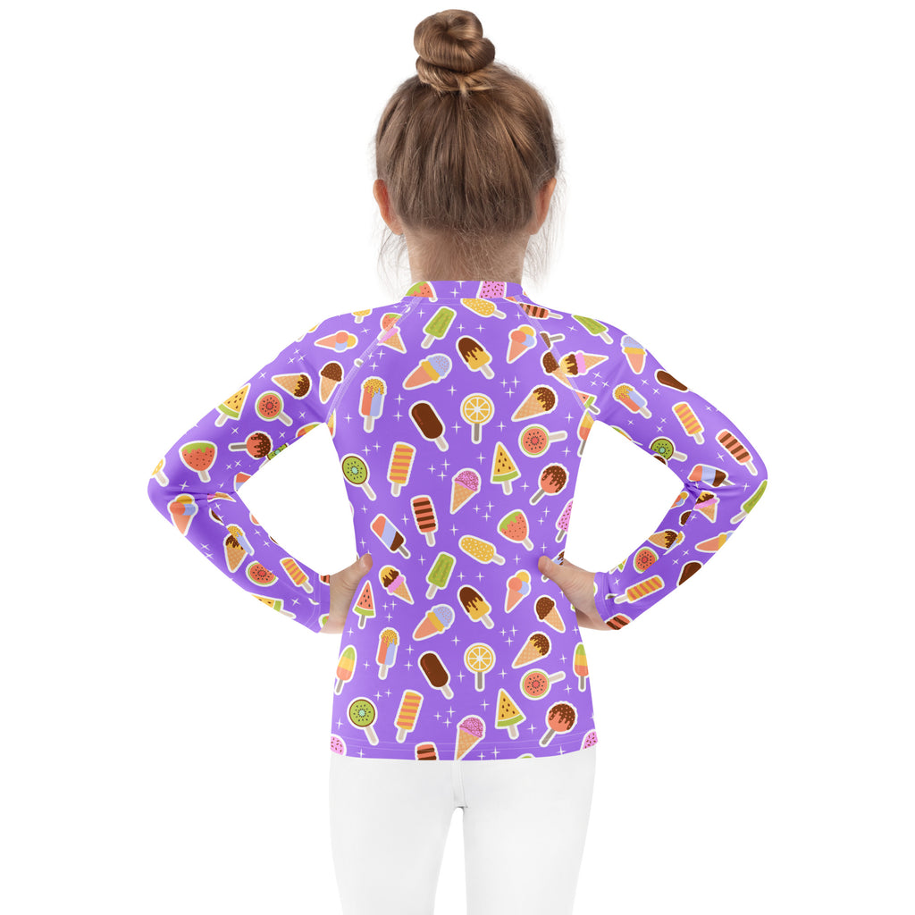 Kids Purple Ice Cream & Popsicle Long Sleeve Rash Guard Swim Shirt – Buttery Soft, Sun Safe UPF 50+ Protection, Quick Dry & 4-Way Stretch Comfort