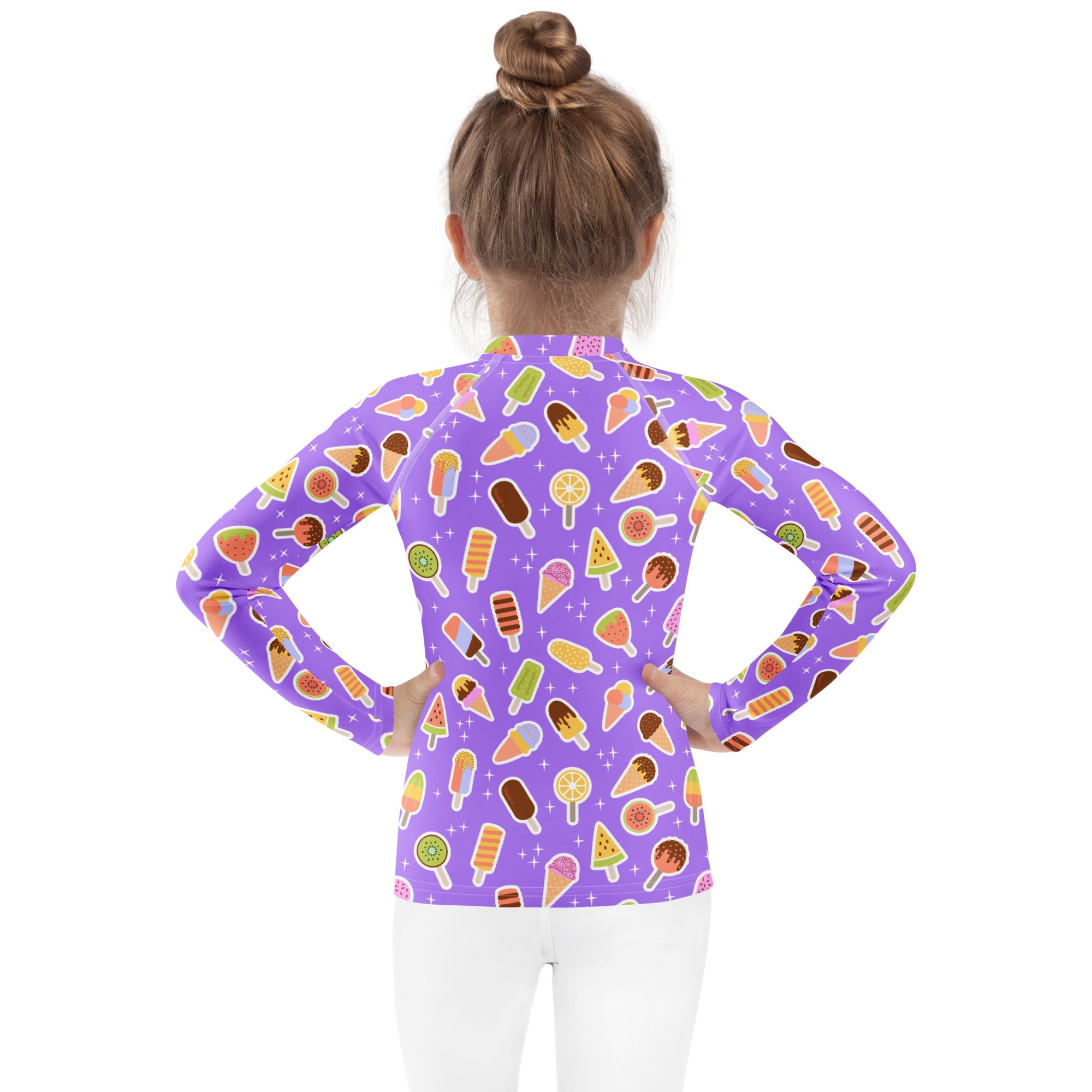 Kids Purple Ice Cream & Popsicle Long Sleeve Rash Guard Swim Shirt – Buttery Soft, Sun Safe UPF 50+ Protection, Quick Dry & 4-Way Stretch Comfort