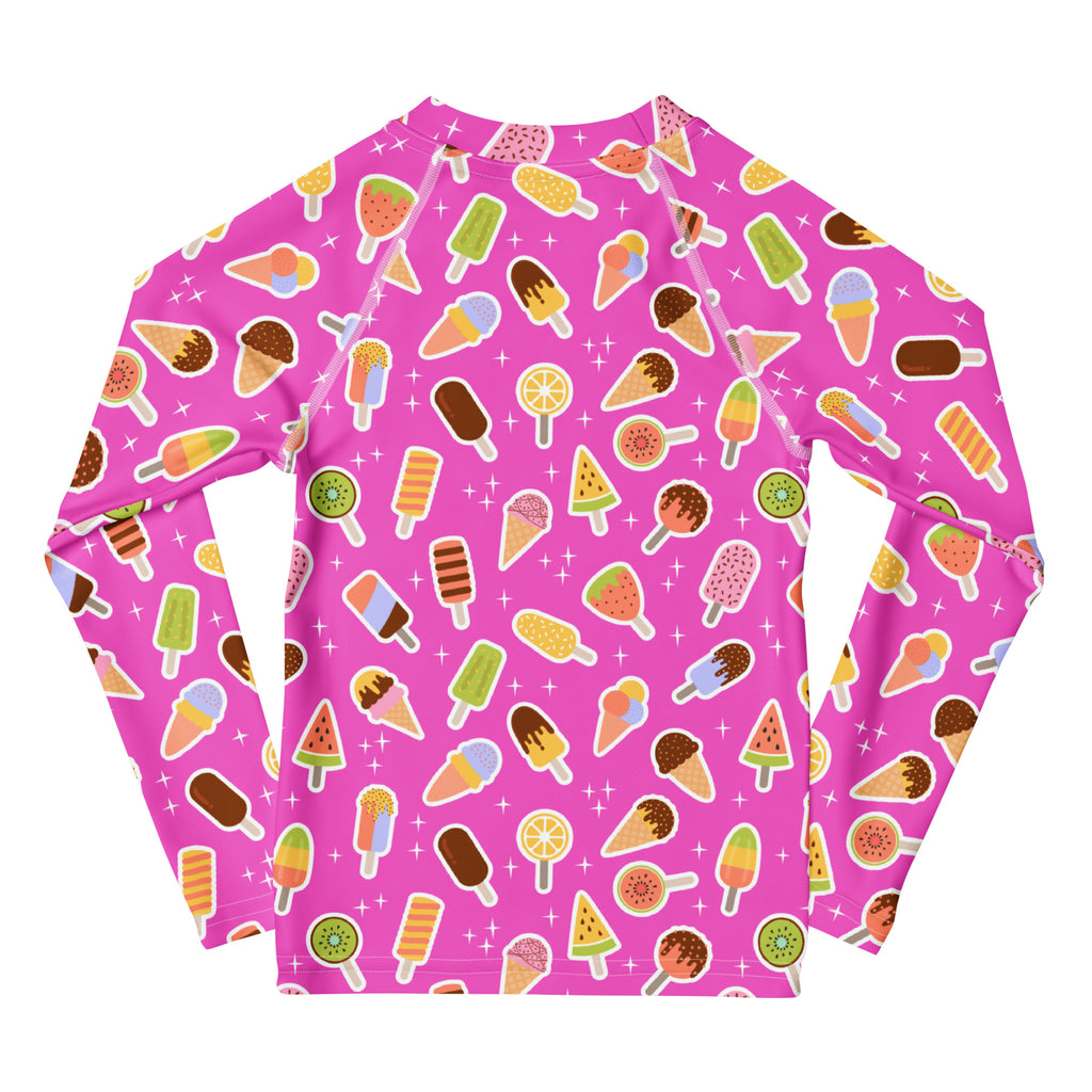 Kids Pink Ice Cream & Popsicle Long Sleeve Rash Guard Swim Shirt – Buttery Soft, Sun Safe UPF 50+ Protection, Quick Dry & 4-Way Stretch Comfort