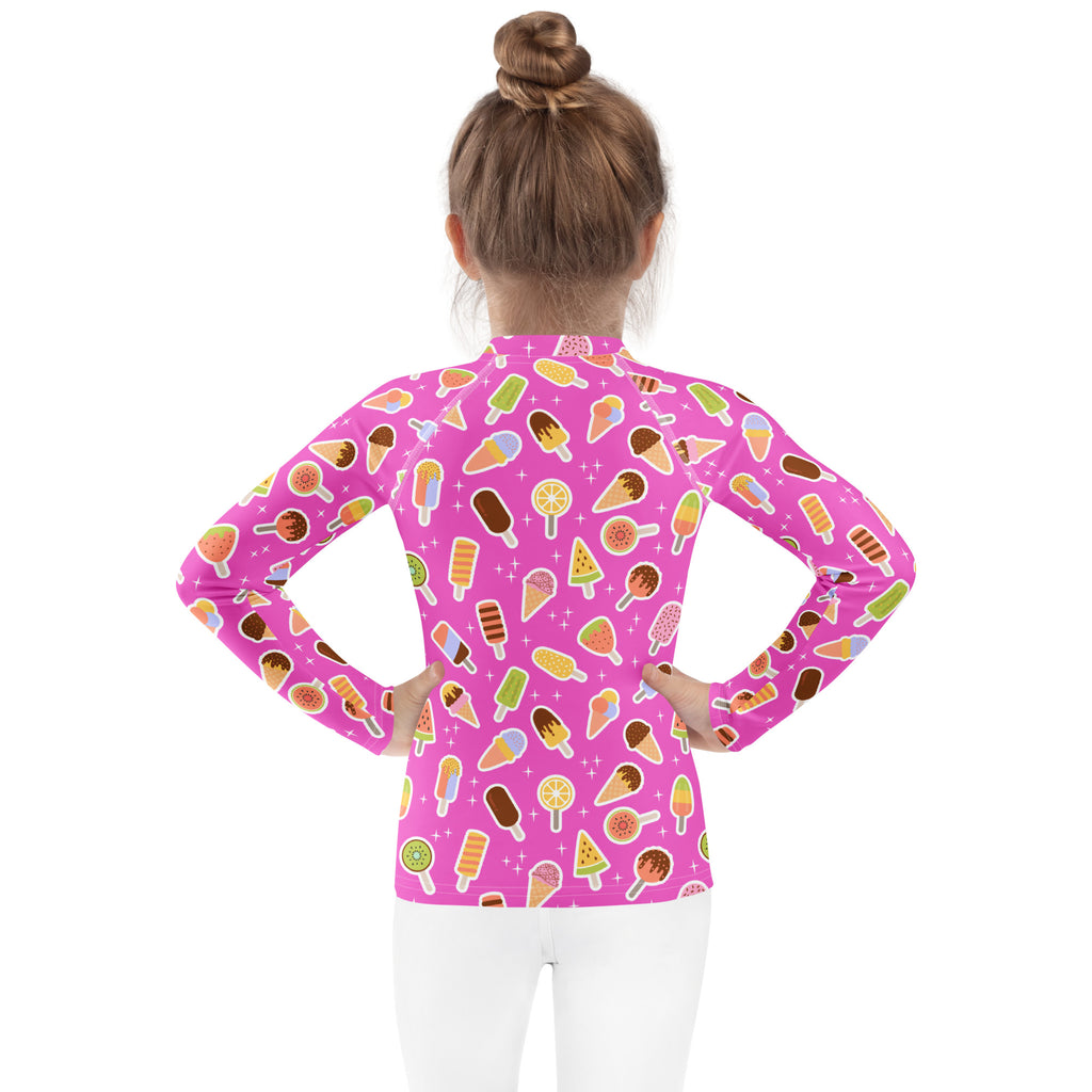 Kids Pink Ice Cream & Popsicle Long Sleeve Rash Guard Swim Shirt – Buttery Soft, Sun Safe UPF 50+ Protection, Quick Dry & 4-Way Stretch Comfort
