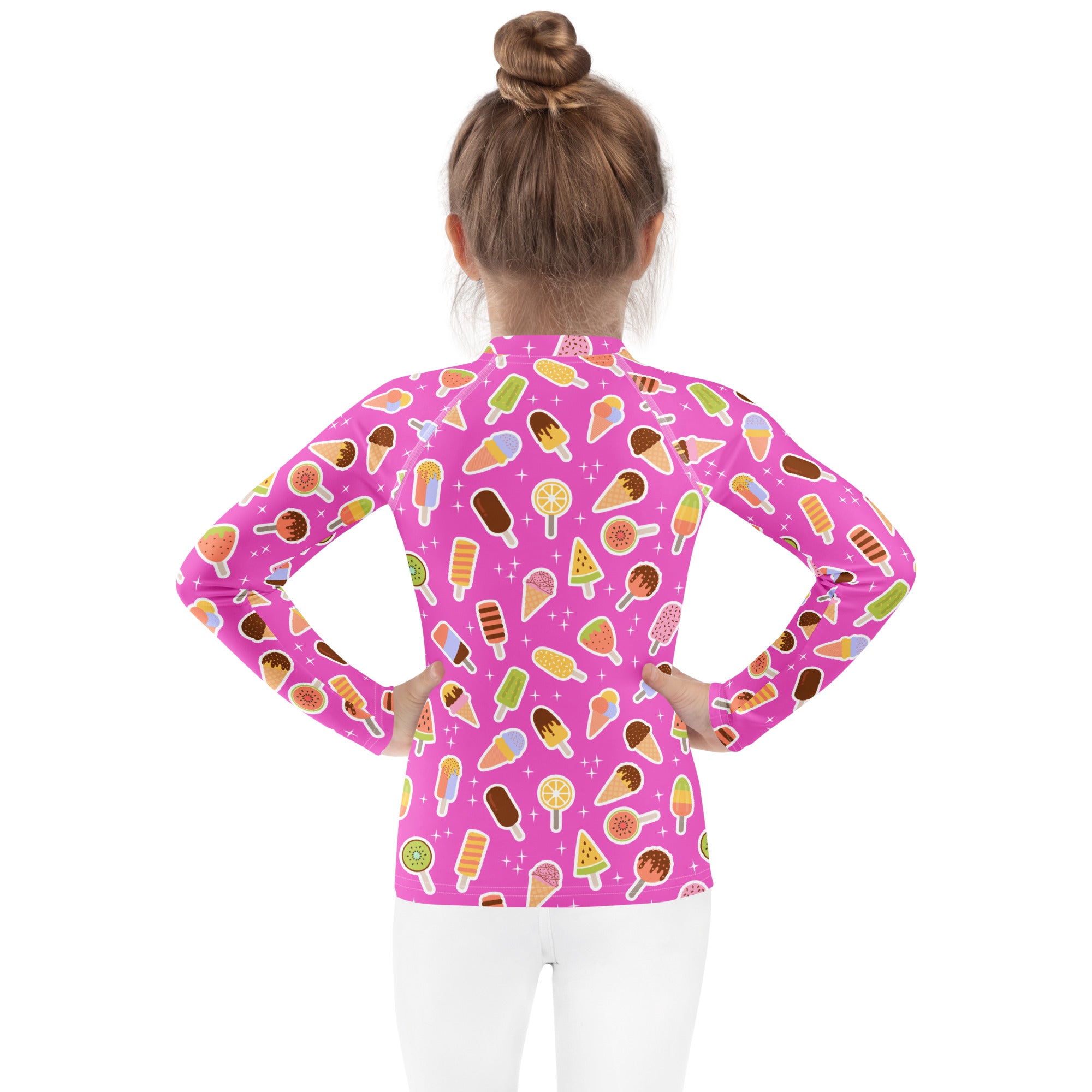 Kids Pink Ice Cream & Popsicle Long Sleeve Rash Guard Swim Shirt – Buttery Soft, Sun Safe UPF 50+ Protection, Quick Dry & 4-Way Stretch Comfort